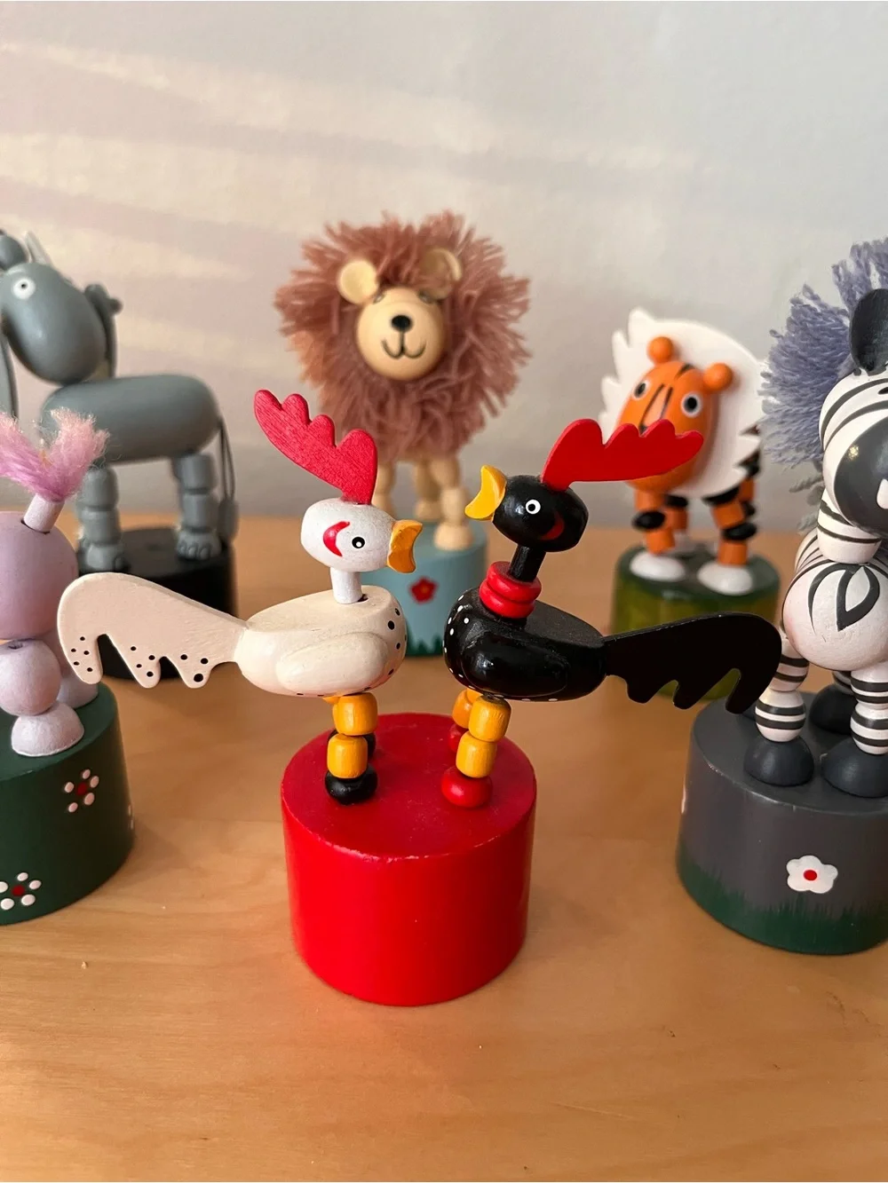 Vintage Wooden Push Button Puppet Toys - Lot of 9 Collapsible Animals